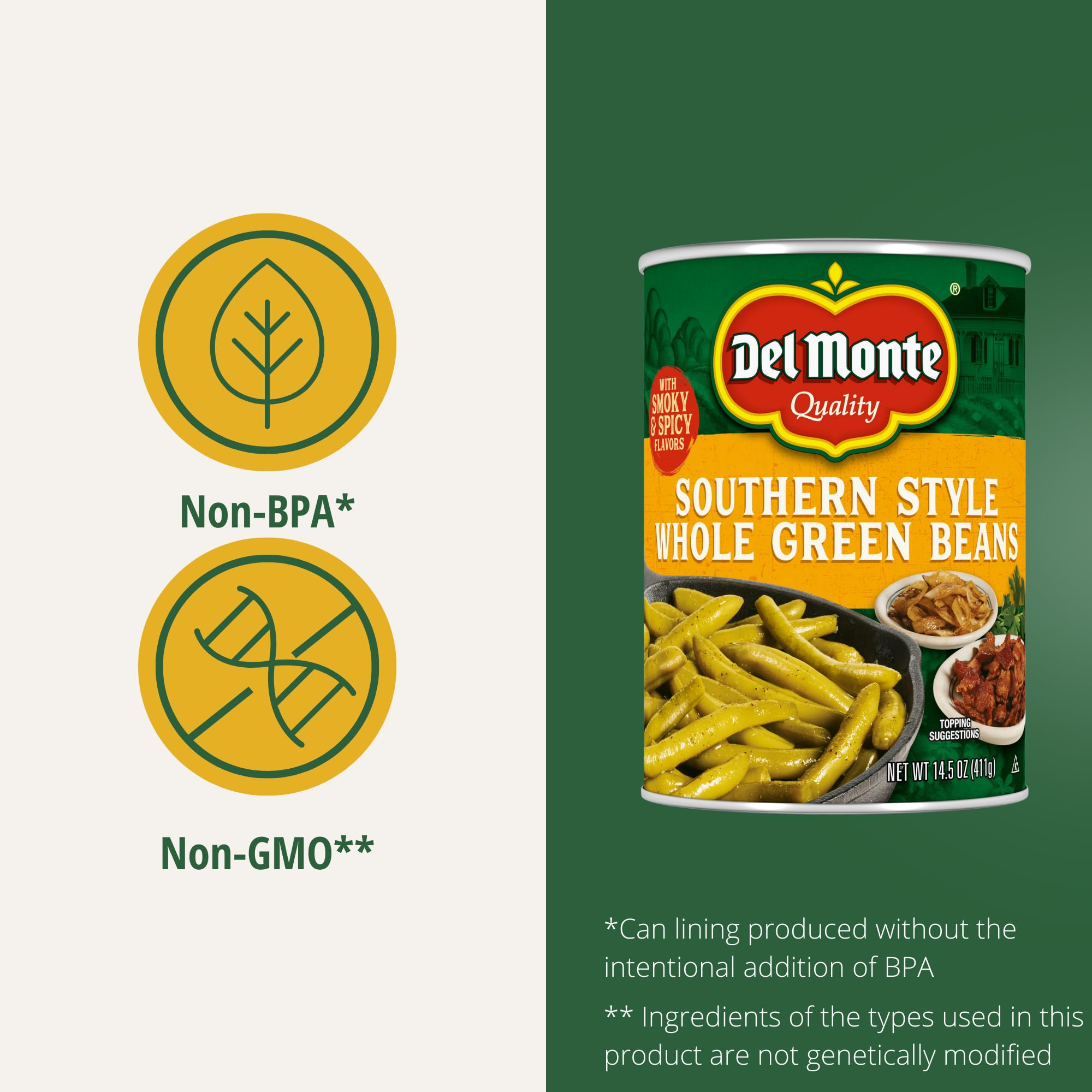 Del Monte Southern Style Whole Green Beans, 14.5 oz. Can (Pack of 12) Spicy & Smoky Flavors, Ready to Eat Side Dish