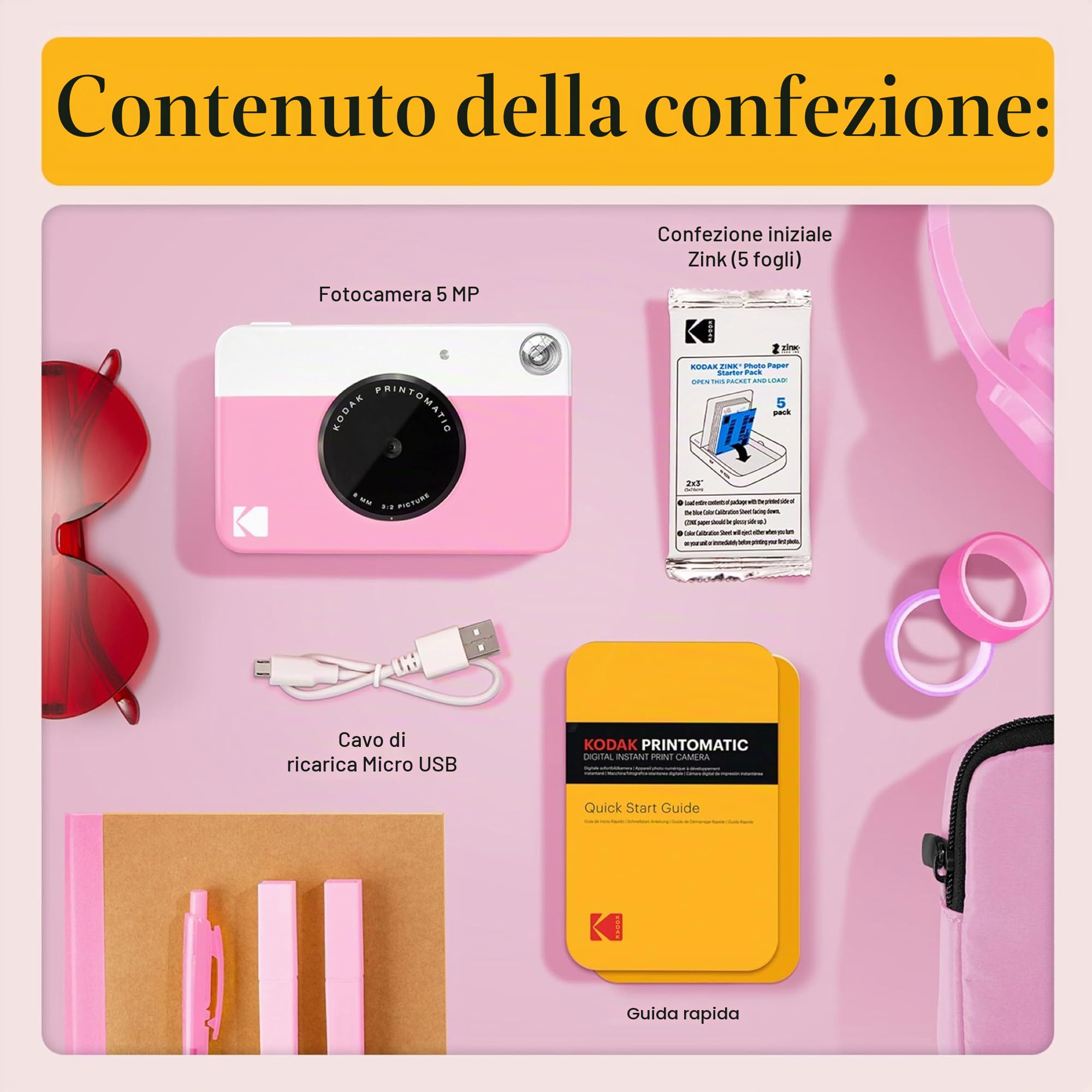 KODAK Printomatic fotocamera a stampa istantanea + custodia morbida + carta fotografica Zink 2x3" 20pz + album + adesivo + cornici per adesivi + cornici sospese + pennarelli - Rosa