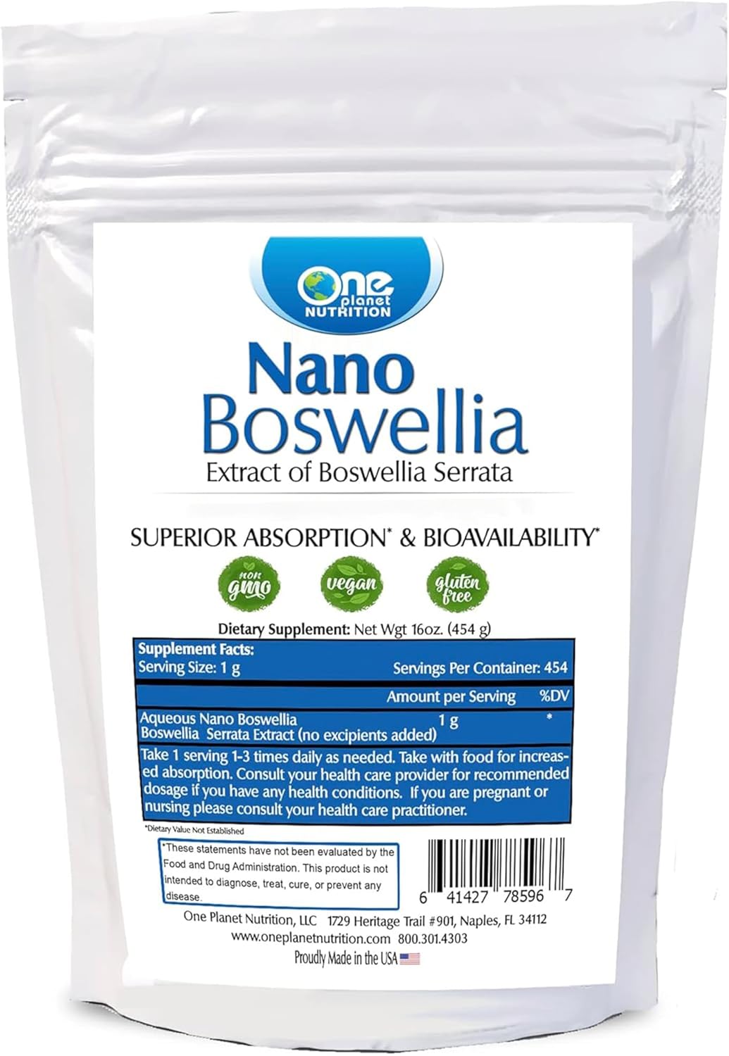 One Planet Nutrition Nano Boswellia Powder 16 oz (454 Servings), High Potency Boswellia serrata Resin, Supports Cognitive Function for Brain Health, Non-GMO, Vegan, Gluten-Free
