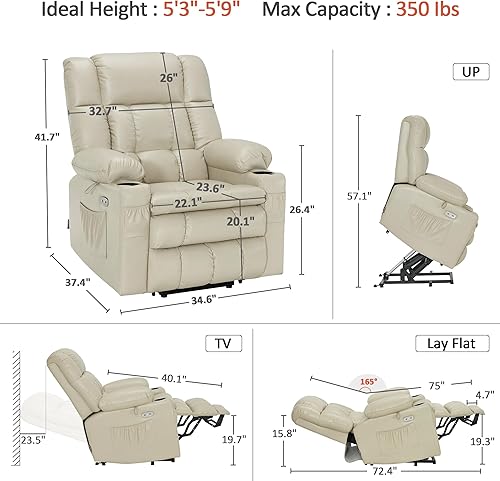 Miniatura 112 de MCombo Silla reclinable eléctrica de doble motor para personas mayores, silla elevadora plana con calor y masaje, portavasos, puertos USB, piel