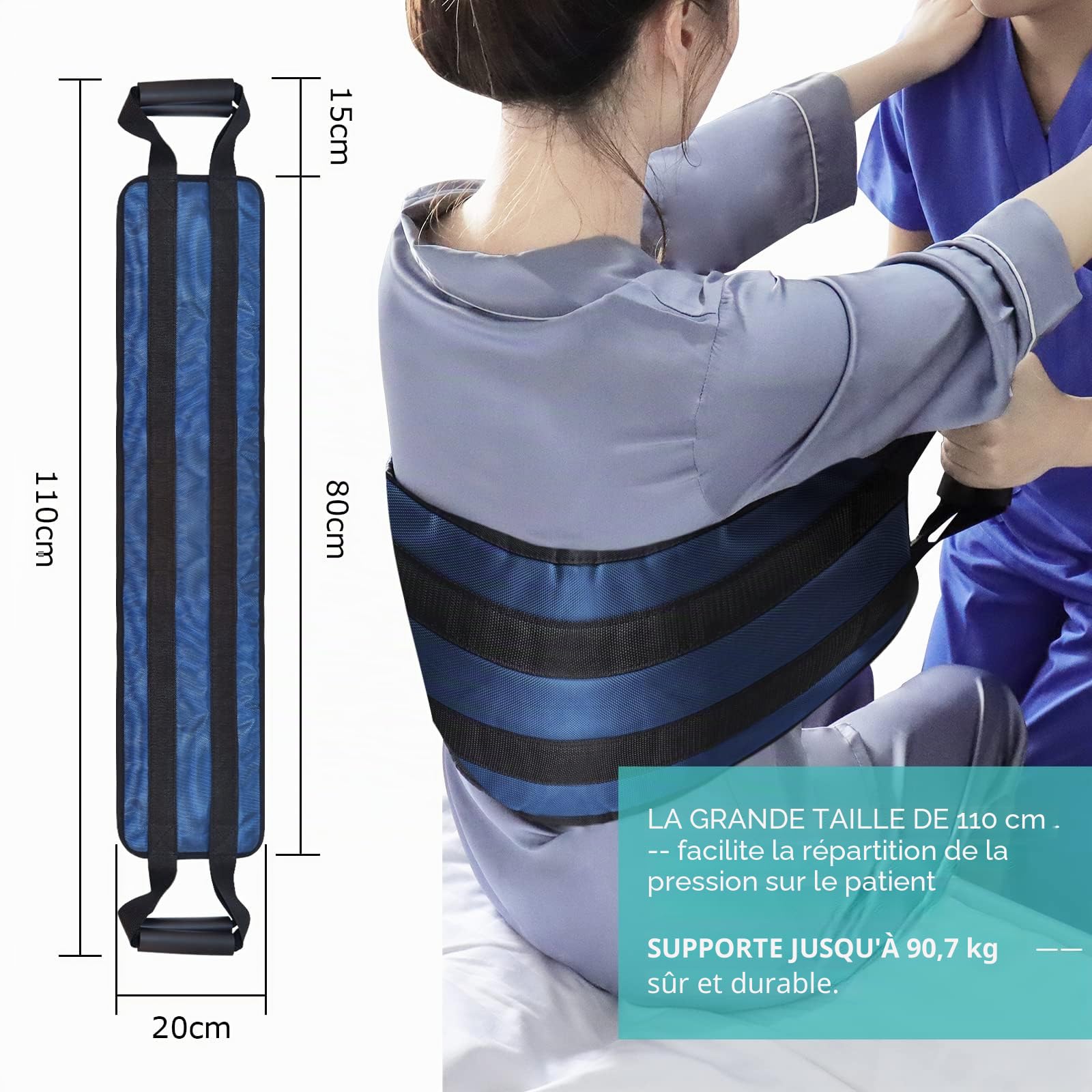 [LOSCHEN] Ceinture de transfert de 110 cm pour patients, ceinture de transfert de lit rembourrée pour handicapés, personnes âgées, fauteuil roulant, lit (bleu)