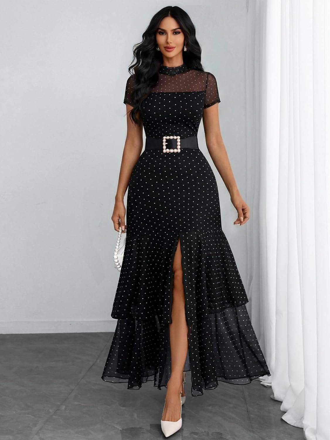GothDark Women's Summer Mesh Tiered Ruffle Dress Polka Dot A-Line Front Split Flowy Elegant Party Wedding Guest Dresses