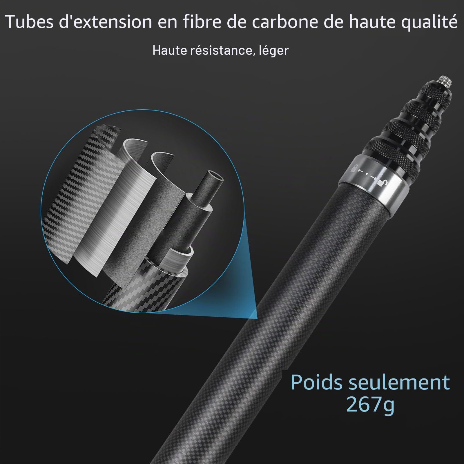 ARTCISE Perche à Selfie en Fibre de Carbone 300cm, SS300 Perche à Selfie Longue en Fibre de Carbone pour Caméra d'action pour GoPro Hero pour GoPro pour DJI Osmo Action pour Caméra