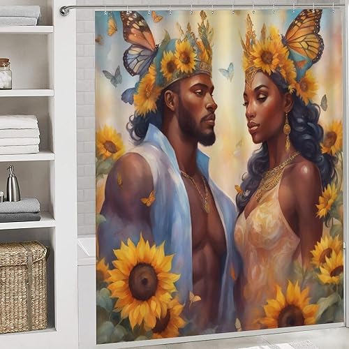 Miniatura 1 de Juego de 2 cortinas de ducha afroamericanas para parejas afroamericanas con alfombras para baño, afro-negro, King, Queen, romántico, amor,