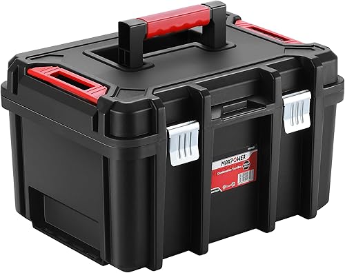 Miniatura 1 de MAXPOWER Caja de herramientas de plástico de 16 pulgadas, caja de herramientas negra profunda con pestillos de metal y bandeja extraíble, paquete de