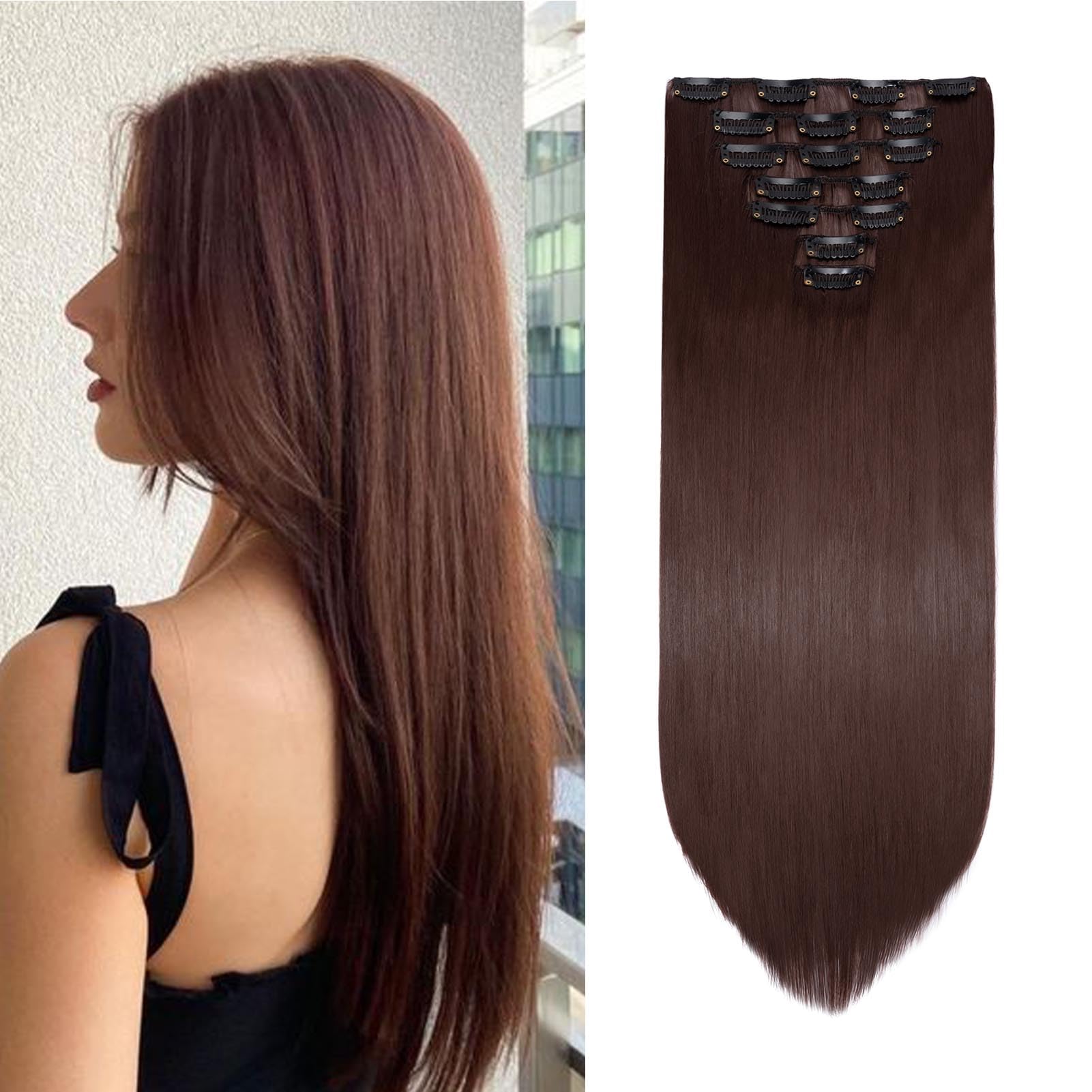 Gairyan Extension Clip Capelli Lisci Auburn Scuro 8pcs Set Extension Capelli Finti Clip Posticci per Capelli Naturali Sintetici Clip in Hair Extension Morbido Parrucchino Lungo Dritto Full Head 65cm