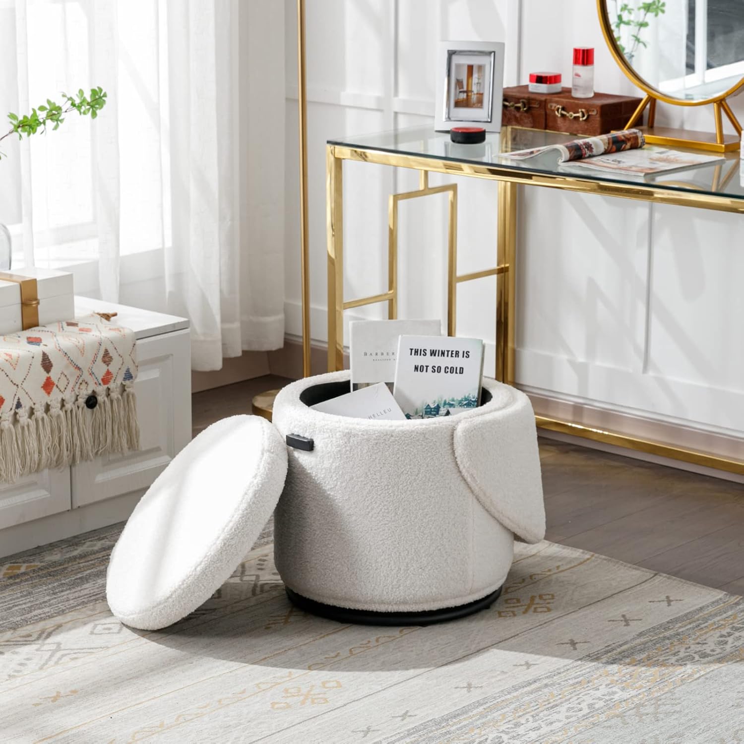 Modern Swivel Ottoman Vanity Chair, Sherpa Upholstered Barrel Chair Club Chair 360°Degree Swivel Side Chair with Storage, Comfy Makeup Stool for Bedroom Living Room, White Sherpa-white