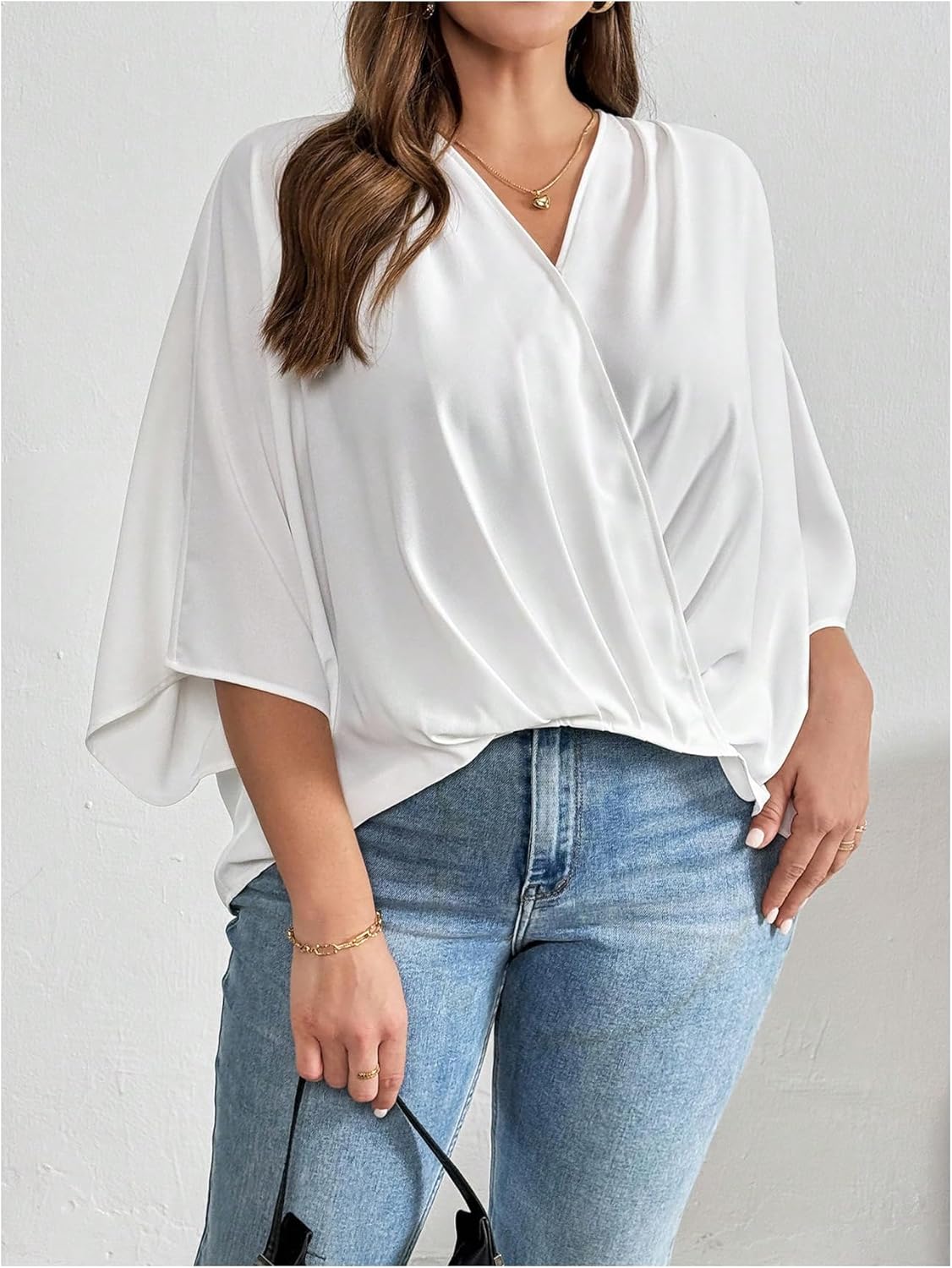 Floerns Women's Plus Size Wrap Front Blouses 3/4 Sleeve V Neck Elegant Dressy Shirts - Image 4