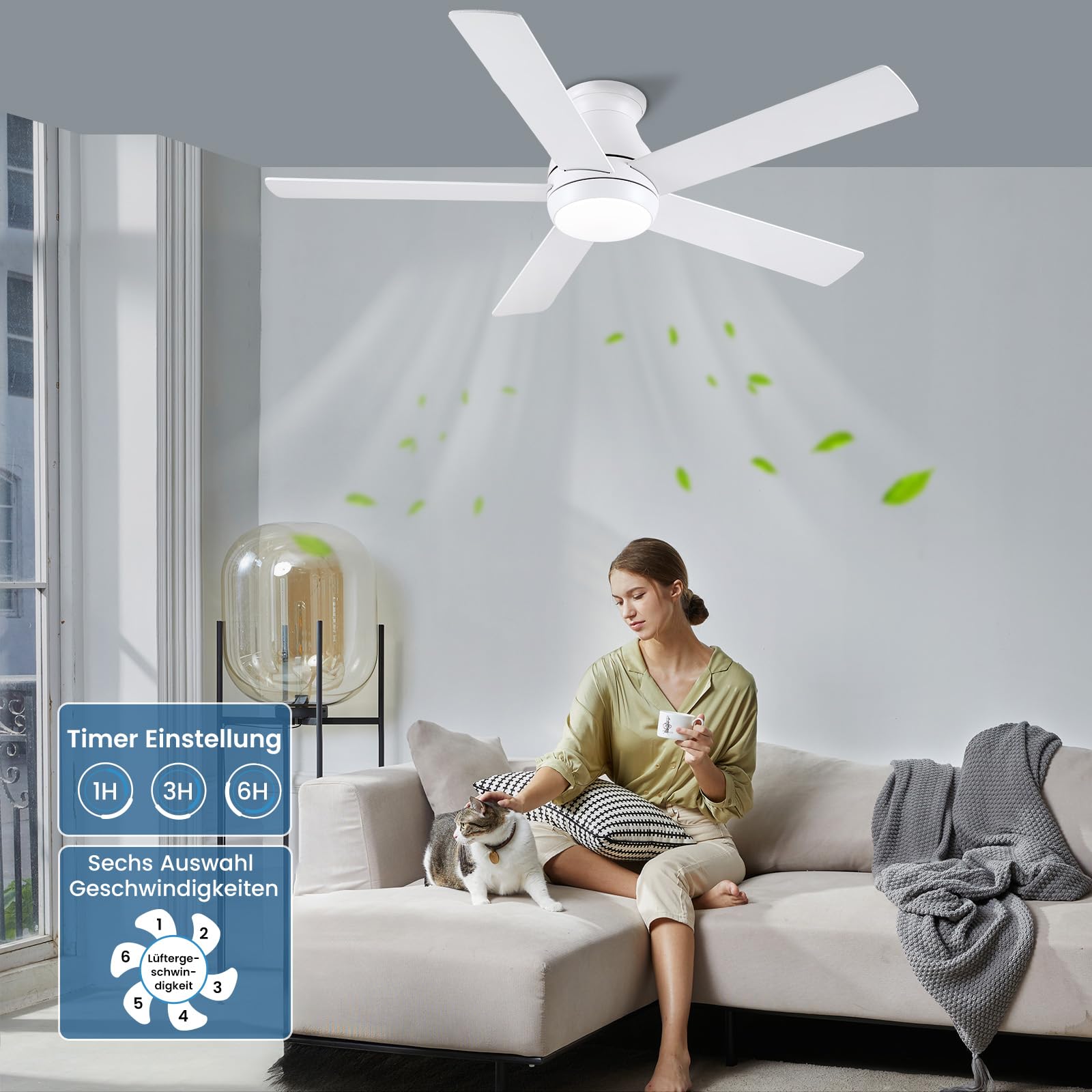 CJOY 132cm Deckenventilator mit Beleuchtung Fernbedienung Leise Dimmbar Umkehrbar Speicher 3CCT Weiß Holzmaserung