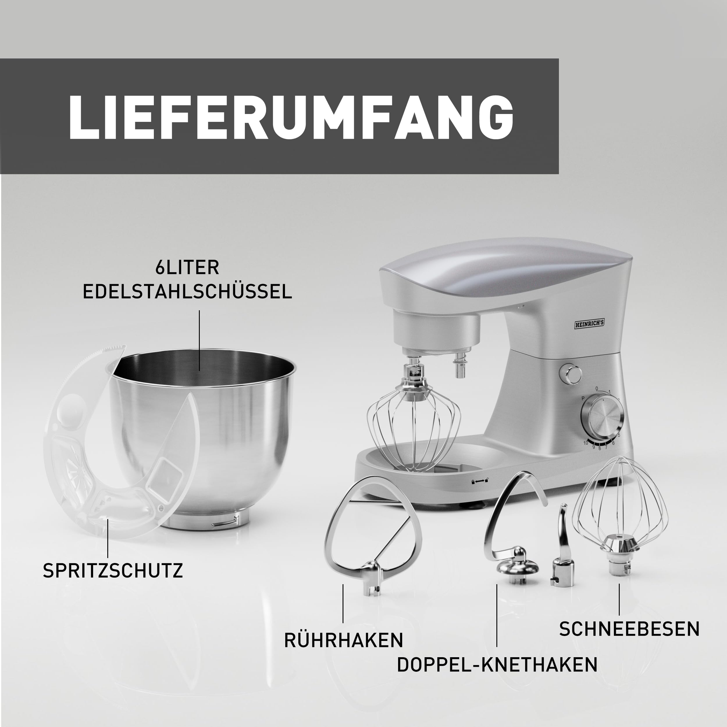 Heinrich´s Küchenmaschine, Knetmaschine, Teigmaschine, Rührmaschine, 1500W Küchengerät, Knethaken, Rührhaken, Schneebesen, 10 einstellbare Geschwindigkeiten, XL 6L Edelstahlschüssel,geräuscharm,silber