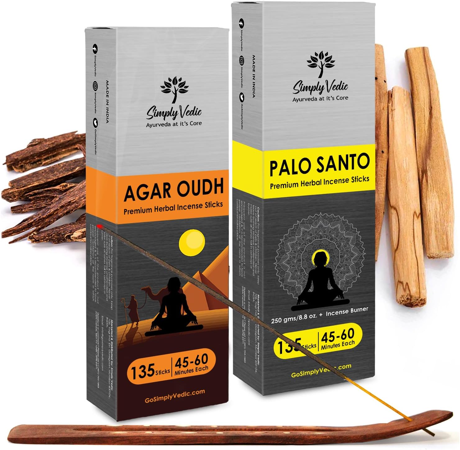 Simply Vedic Premium Agar Oudh & Palo Santo Incense Sticks (Total 500 Grams, Approx 270 Sticks+ Holder) Lasts 60-Minutes, Ideal for Meditation, Yoga, Spiritual Healing, Prayers, Aromatherapy, Home