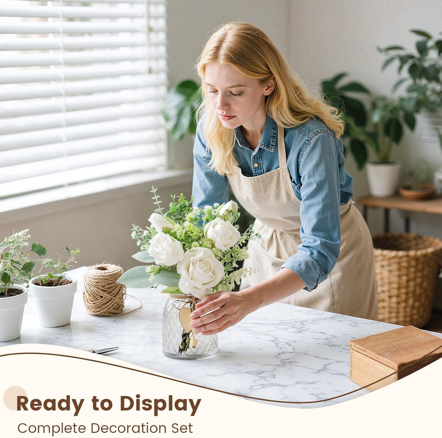 JOHOUSE 12.5inch Artificial Flowers Bulks in Vase, White Fake Roses in Vase Lifelike Faux Flower Arrangement for Wedding Home Table Centerpieces - Image 4