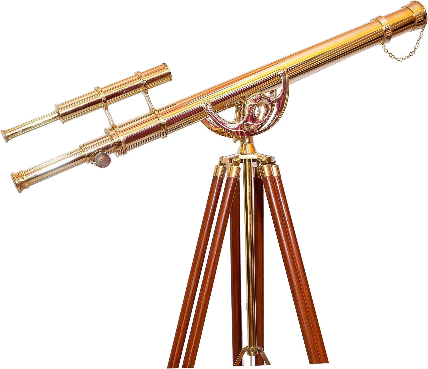 Shiny Finish Double Barrel Telescope nuatical Style Spyglass Floor Standing Wooden handmde Tripod Stand Maritime Height : 62" inches