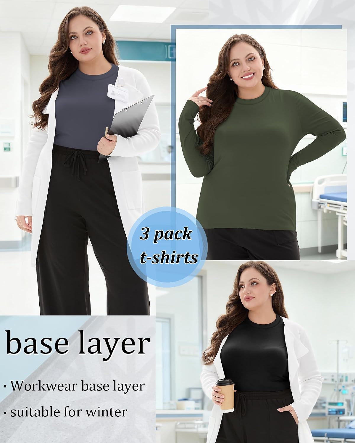 Oakgarden 3 Pack Women's Plus Size Shirts | Underscrub Shirts, Long Sleeve, Crew Neck Tops, Fitted, Layering, Basic Tee, for Nurse, Work, Lightweight, Soft, Daily
