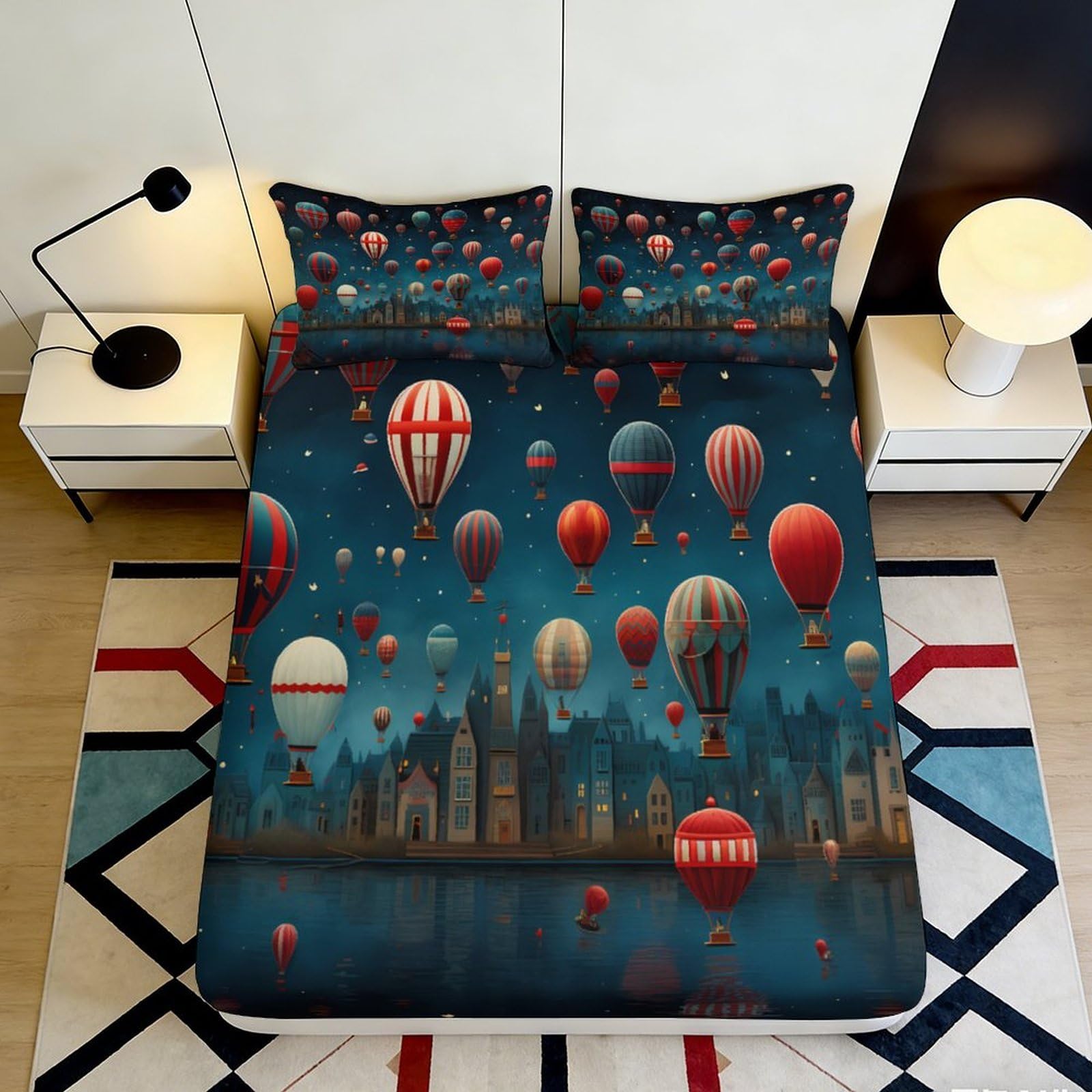 Uynsixtme Style-6 3D Printed Hot Air Balloon Night Fitted Sheet Microfiber Deep Pocket Non-Slip Bedding Full Wrap Mattress Fitted Cover Washable 200X200x25cm