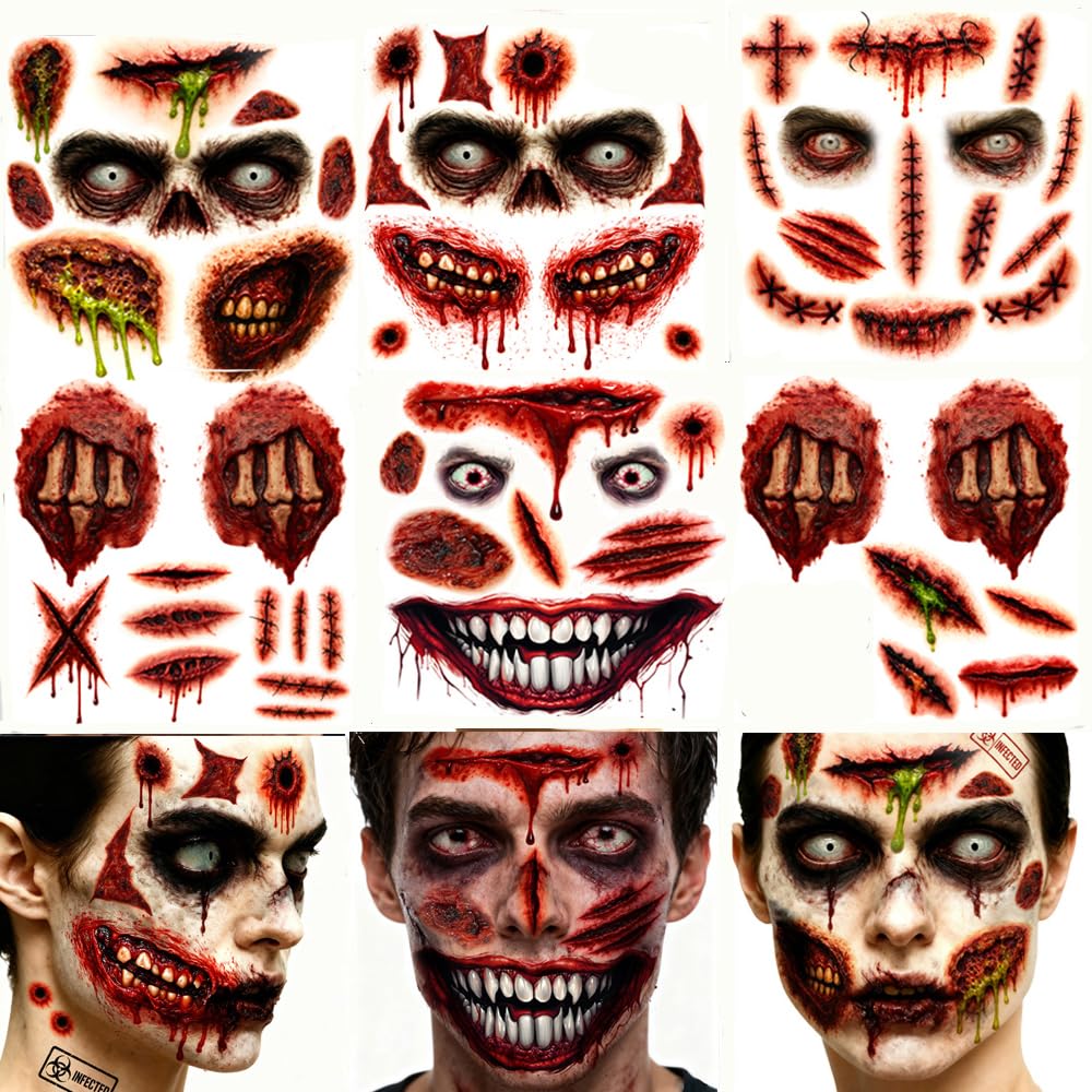 Halloween Zombie Tattoos Kit – 6 Sheets (4 Zombie Tattoos + 2 Wound Tattoos) – Fake Scars Temporary Tattoos for Adults, Women, Men – Realistic Zombie Makeup Kit, Scary Halloween Makeup Accessories (A)