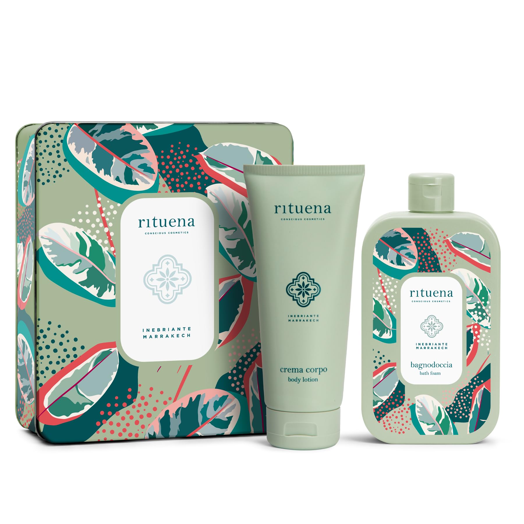 RITUENA | Inebriante Marrakech, Confezione Regalo, Docciaschiuma 400ml + Crema Corpo 200ml in Elegante Scatola in Latta, Esotica e Idratante