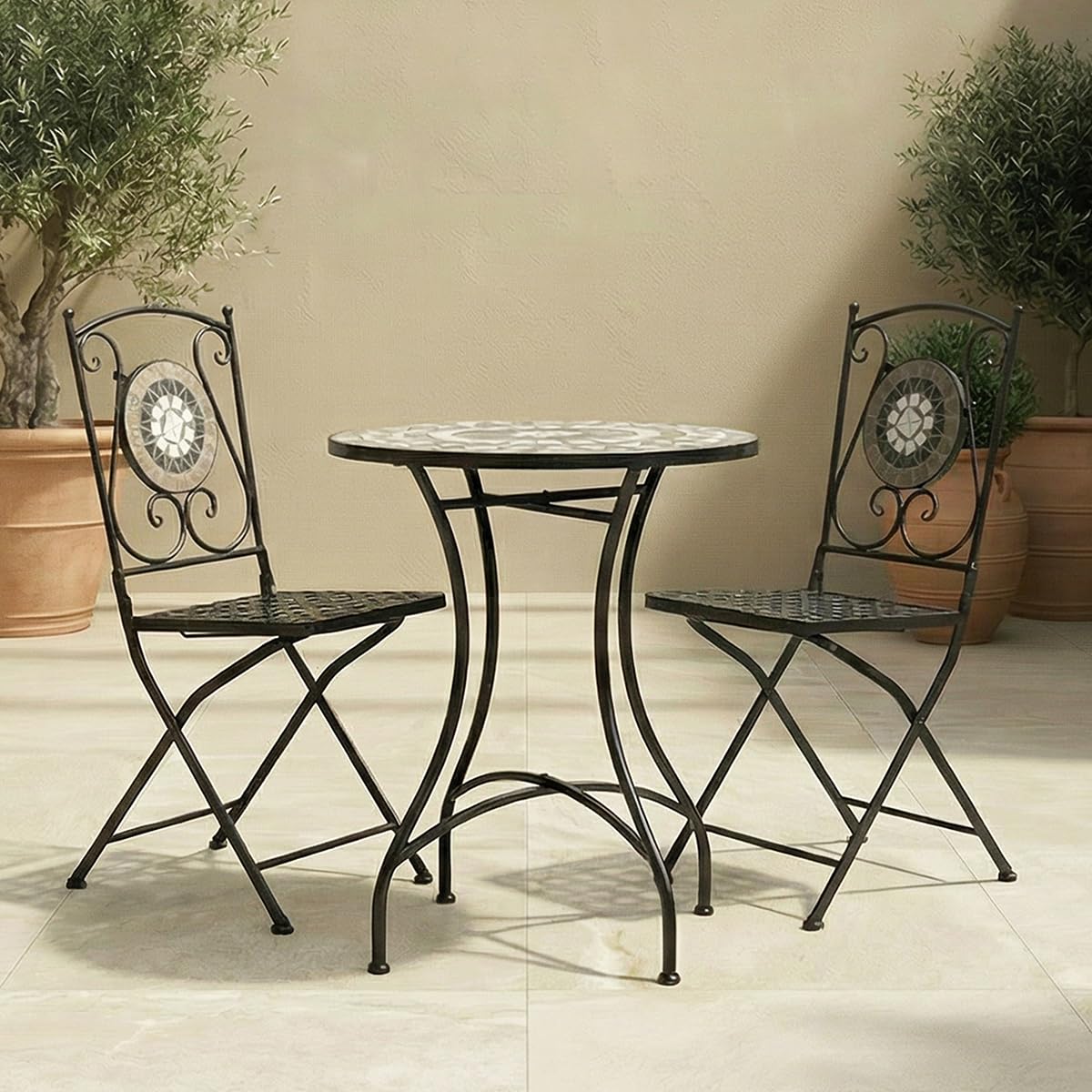 CHARLES BENTLEY Garden Black Mosaic 3 Piece Dining Set, With Folding Chairs, Outdoor, Patio, Conservatory, Foldable Chairs, Antirust Finish, Interwoven Seat, 2 Person, Round Table, Robust (65x65x72cm)