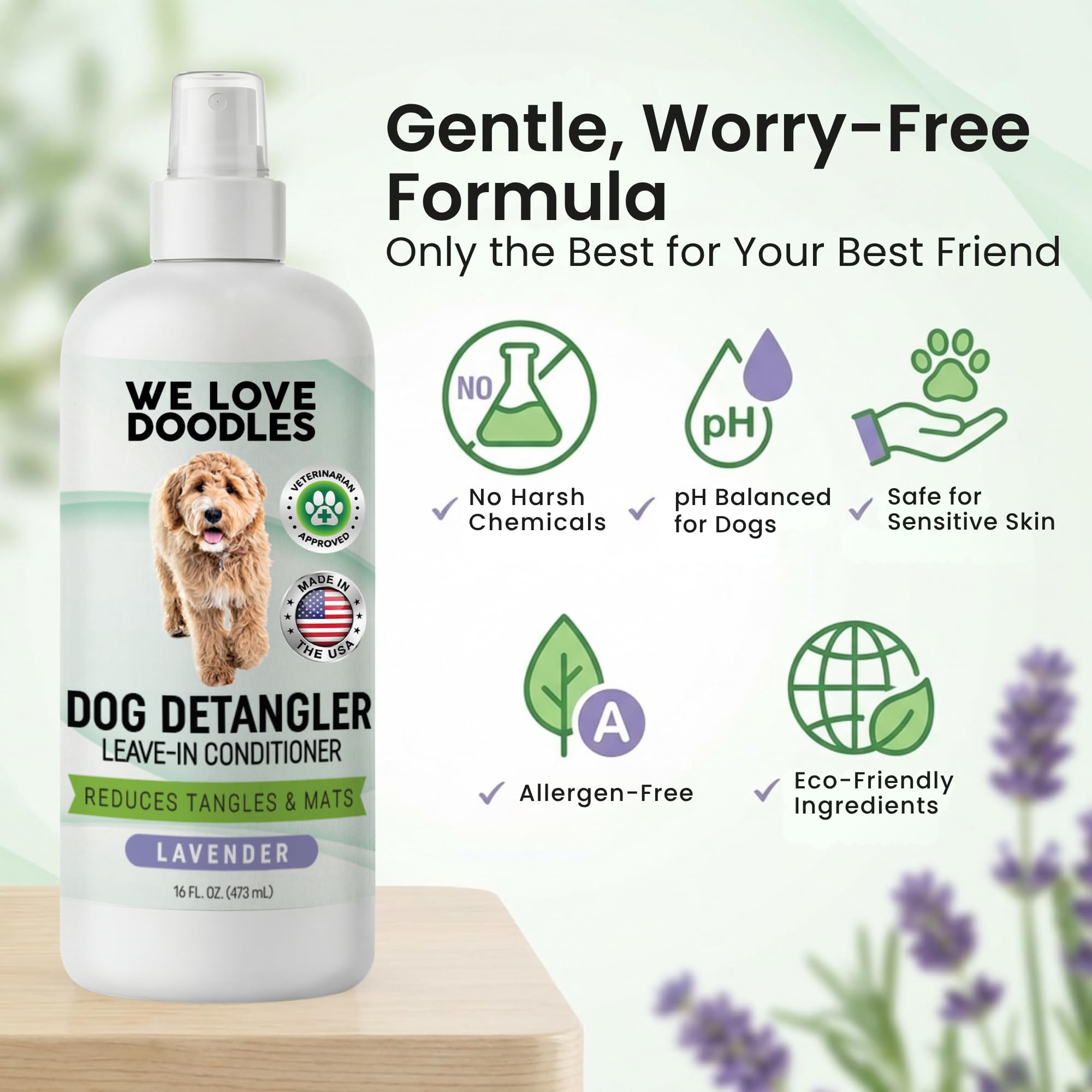 We Love Doodles Cepillo grande para perros y spray desenredante de lavanda, cepillo para perros de pelo largo, Goldendoodles y garabatos, removedor de enredos, spray desenredante y acondicionador para