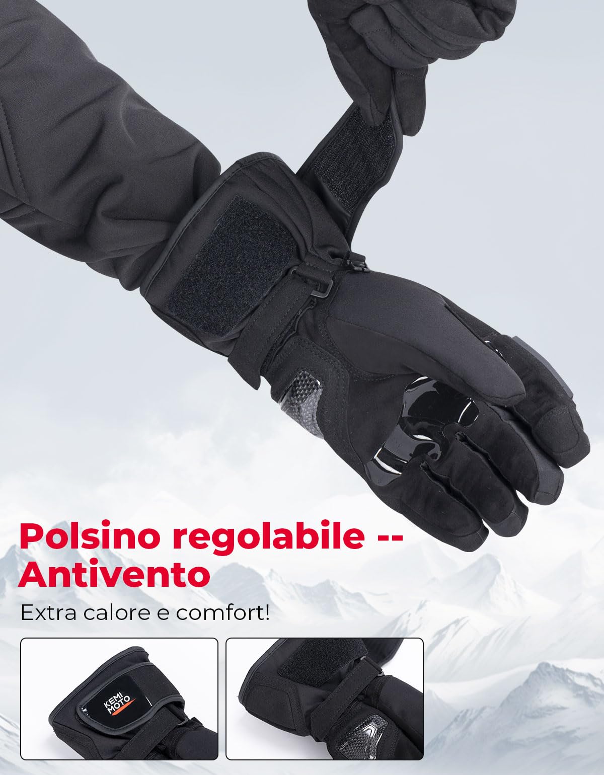KEMIMOTO Guanti Moto Invernali, Guanti Moto Impermeabili e Antivento, Resistenti all'Usura con Guscio in Fibra di Carbonio, Guanti Termici Touchscreen per Motociclismo e Sci