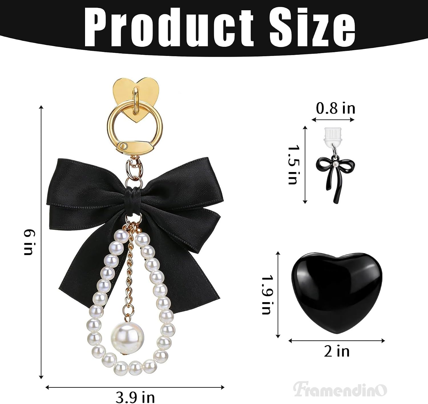 Framendino, 3 Pack Phone Charms Heart Grip Bow Pearl Chain Accessories Charm for Kindle Type-C Port Black