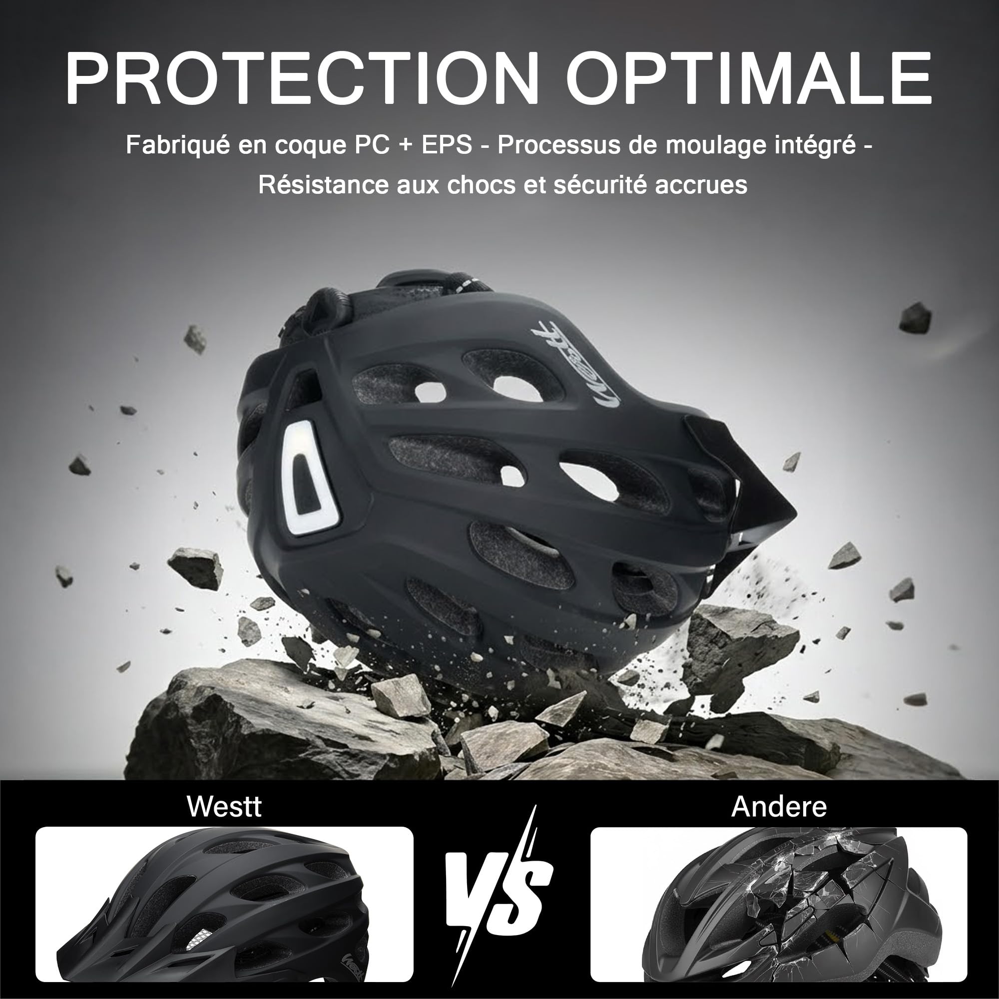 Westt Casque de vélo avec Lampe Rechargeable et visière, Hommes et Femmes