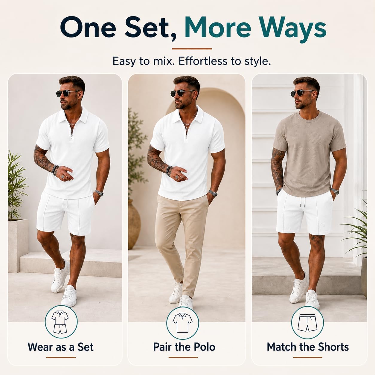 Mens Summer Outfits 2 Piece Short Set, Quarter Zip Polo Shirt and Shorts Set for Men, Casual Beach Vacation Outfit