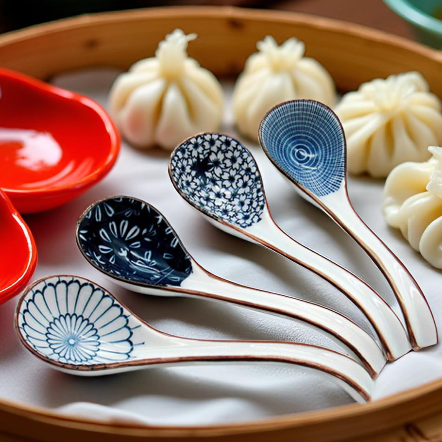 Lot De 4 Cuillères à Soupe Chinoises En Céramique Bleue – Style Rétro Pour Ramen, Pho & Wonton