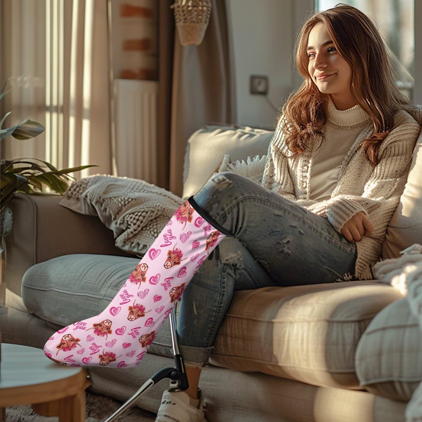 Rnyleeg Valentine's Day Leg Cast Covers for Women Cute Highland Cattle Heart Printed Cast Covers for Shower Leg Small Size Leg Cast Protector