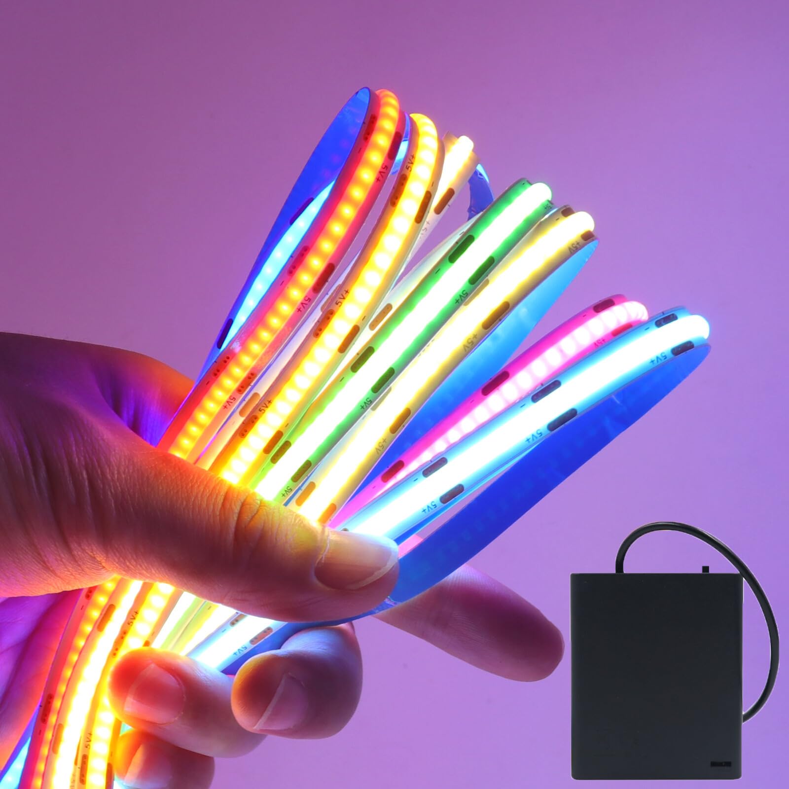 KAFULA 5V COB LED Strip Light [2m,White 6000-6500K] with USB 4AA Battery Box,320 LEDs/m Flexible FCOB LED Fairy Lights CRI85+,Bedroom Christmas Holiday Decoration (Batteries not Included)