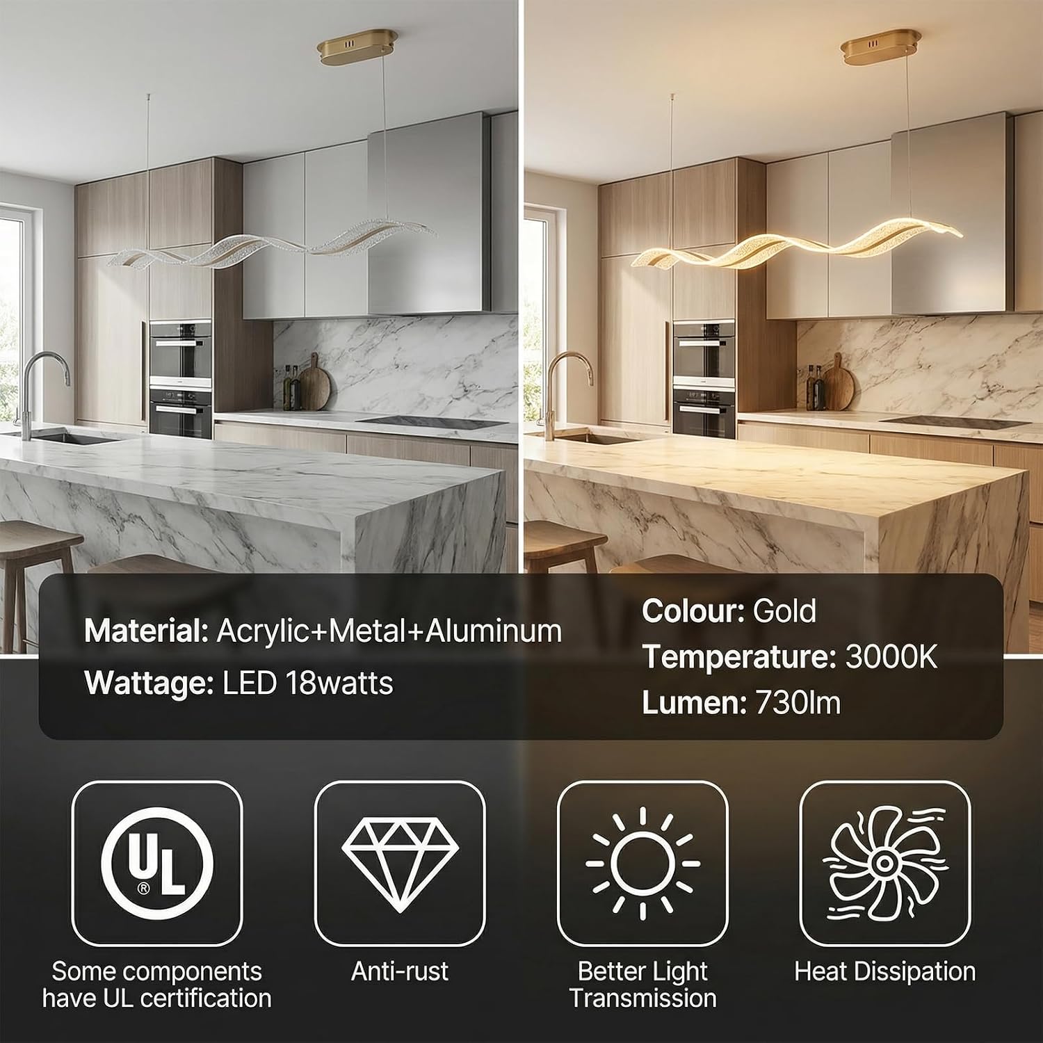 Modern LED Chandelier, Wave-Shaped Pendant Light with Gold Frame and Starry Acrylic Shade, Dimmable Ceiling Light Fixture for Dining Room, Kitchen Island, Living Room, Bedroom