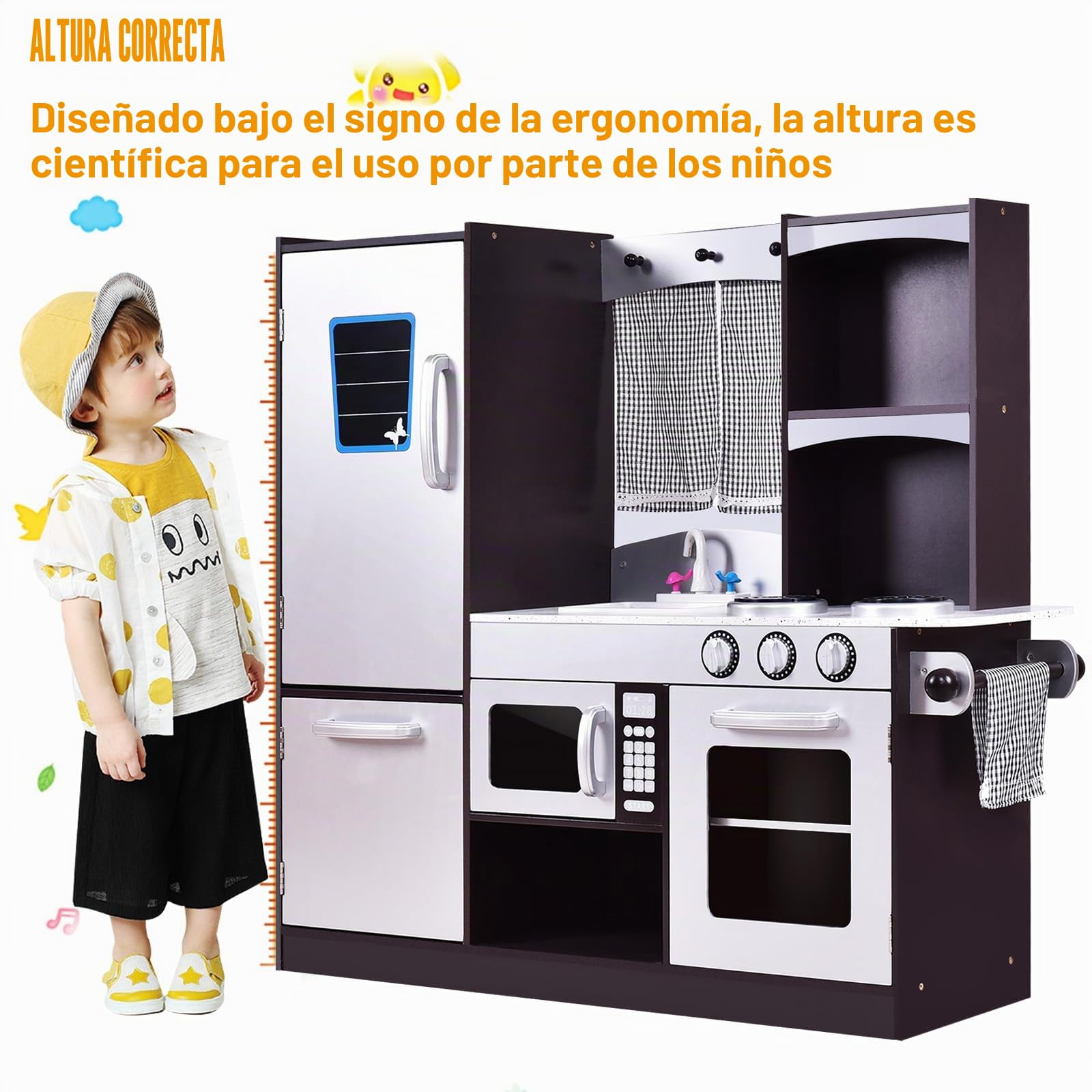 RELAX4LIFE Cocina Juguete de Madera para Niños, Cocinita Infantil con Horno, Microondas, Estufa, Nevera, Accesorios Realistas, 2 Estantes, Cocina Infantil para Niños 3+ Años