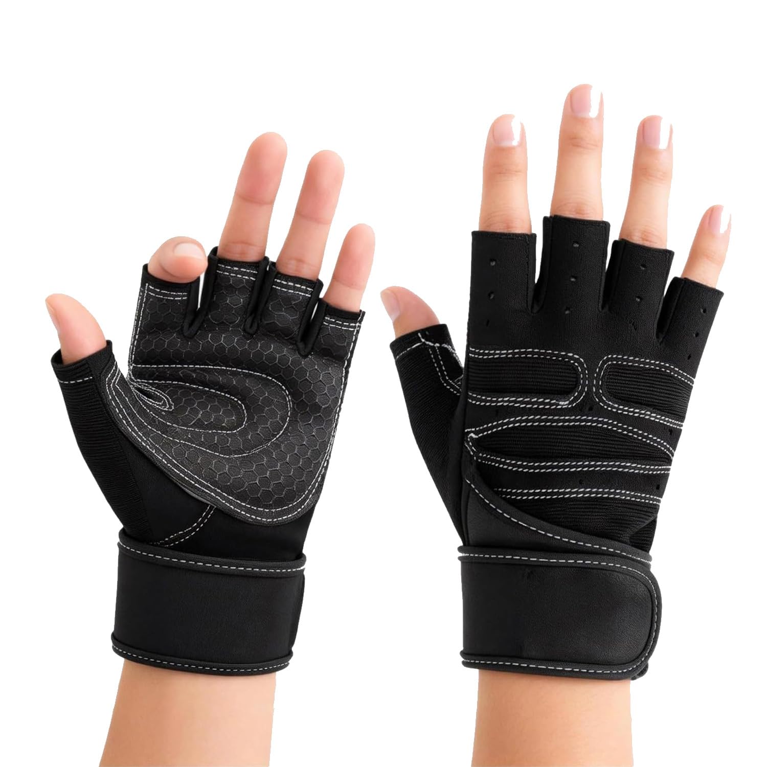 Ahamo Weightlifting Gloves for Men Women Gym Gloves with Anti Slip Palm Wrist Support Fingerless Workout Gloves for Fitness Training Cycling Exercise Breathable Grip Gloves Black White M-image-35
