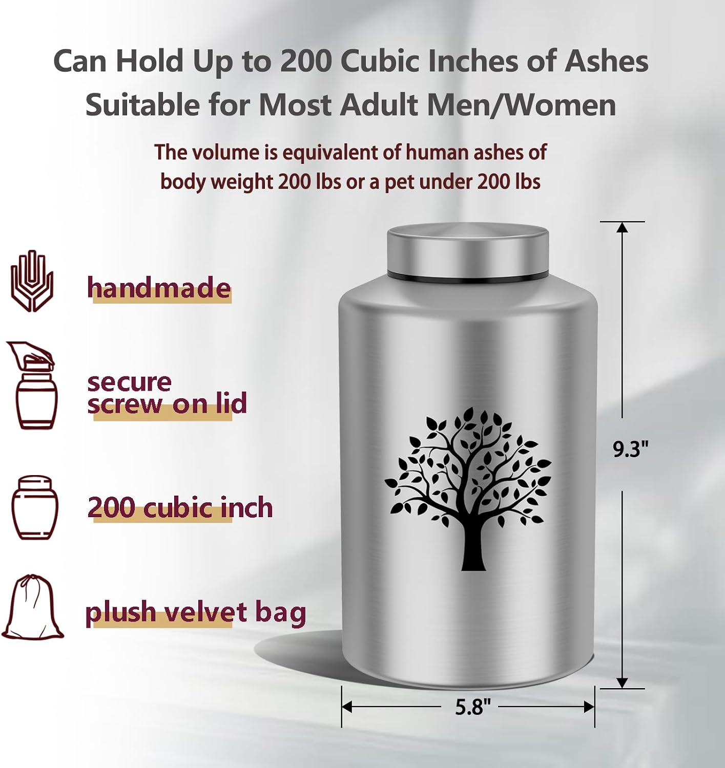 Large Silver Cremation Urns for Human Ashes,for Adult Men Female
