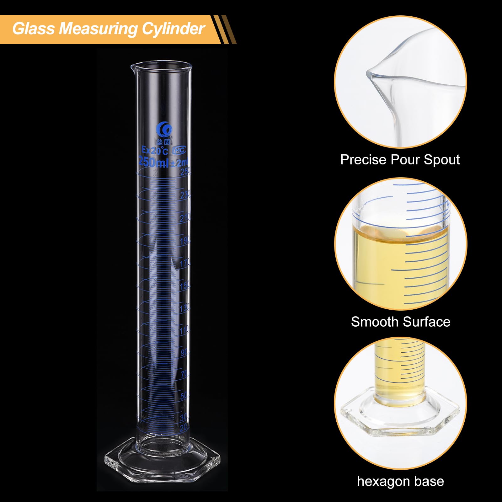 PATIKIL Cilindro Graduato da 100/250ml, 3.3 Base Esagonale Del Cilindro Graduato in Vetro Borosilicato per Esperimenti di Laboratorio, Trasparente