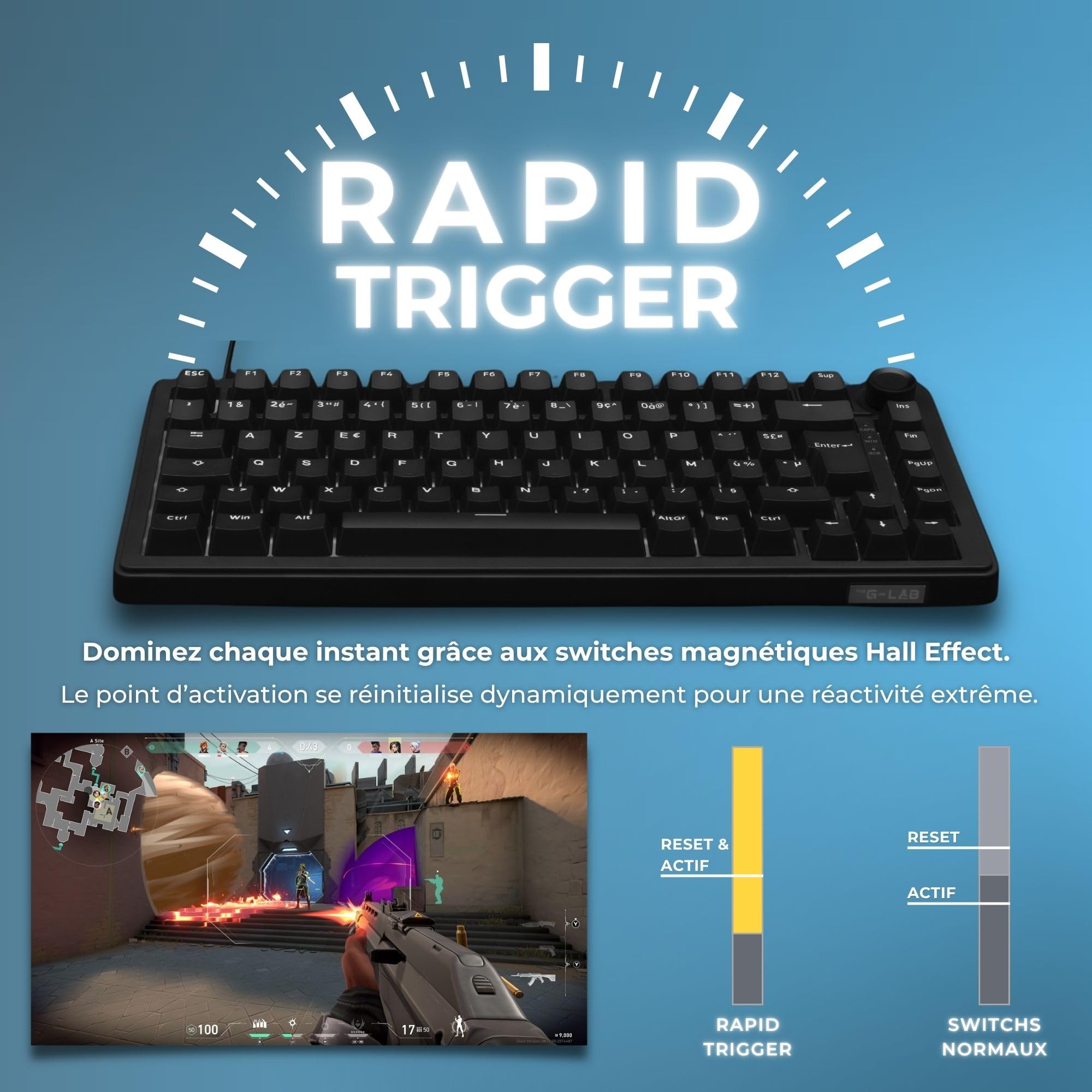 The G-Lab - KEYZ Elite 300 HE Black- Clavier Gamer Magnétique Hall Effect 75% USB AZERTY, 8000 Hz Rapid Trigger, Activation Réglable 0,01 mm, PBT- Hot Swap, RGB & Macros Custom - Windows/Mac