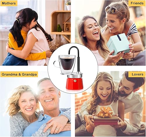 Miniatura 6 de -Mini Express Swiss Single Tube Moka Pot Aluminio Rojo, El juego Moka incluye una taza de doble pared de 3 onzas, disfruta de un delicioso café en