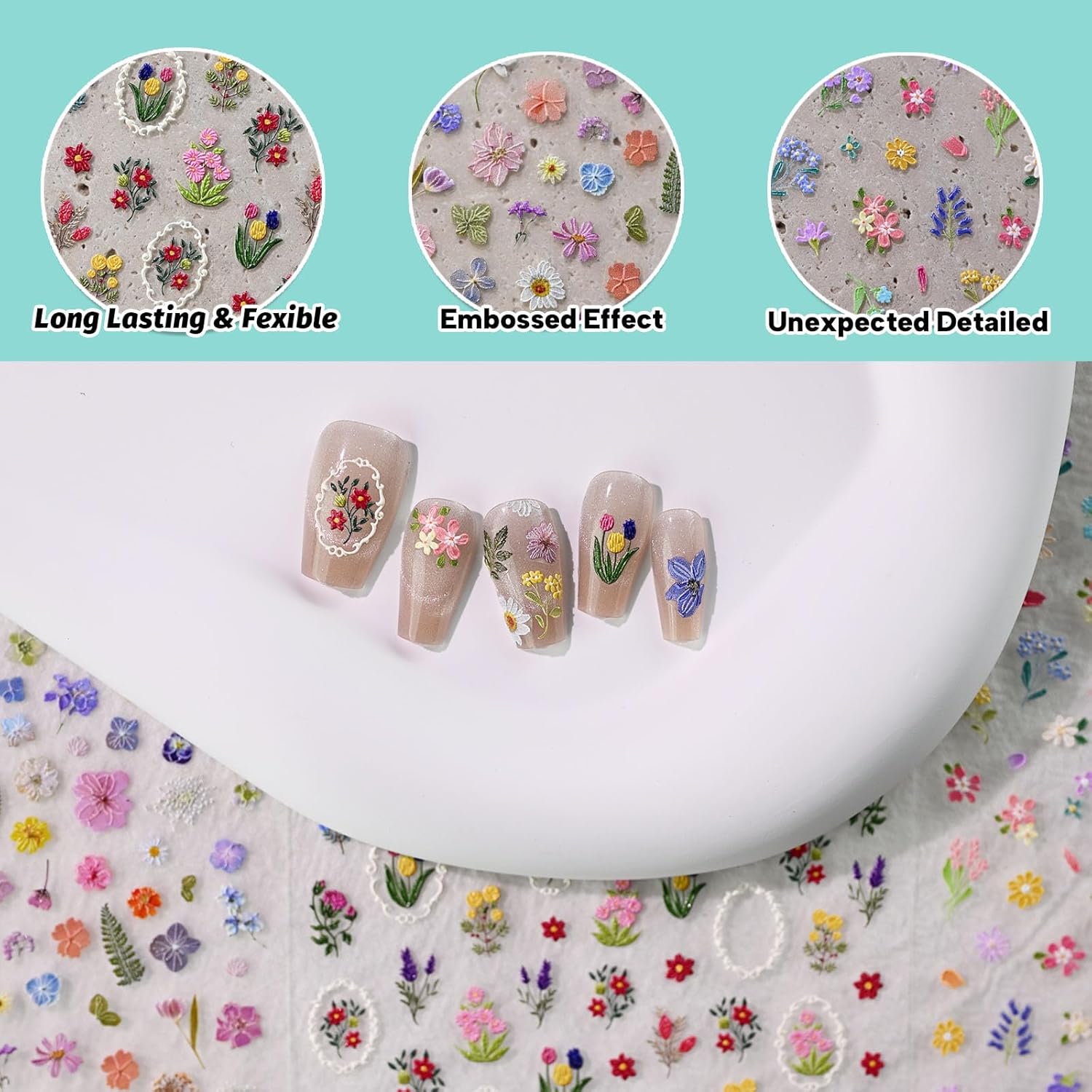 Colorful Floral Nail Art Stickers, Summer Spring Flower Nail Decals, Self-Adhesive, Nail Accessories for Women, Nail Decorations 3 Sheets - Image 2