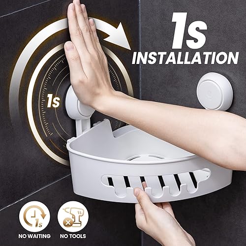 Miniatura 2 de LEVERLOC Carrito de ducha esquinero con ventosa extraíble sin perforaciones, potente ventosa, estante de ducha de baño, organizador impermeable y