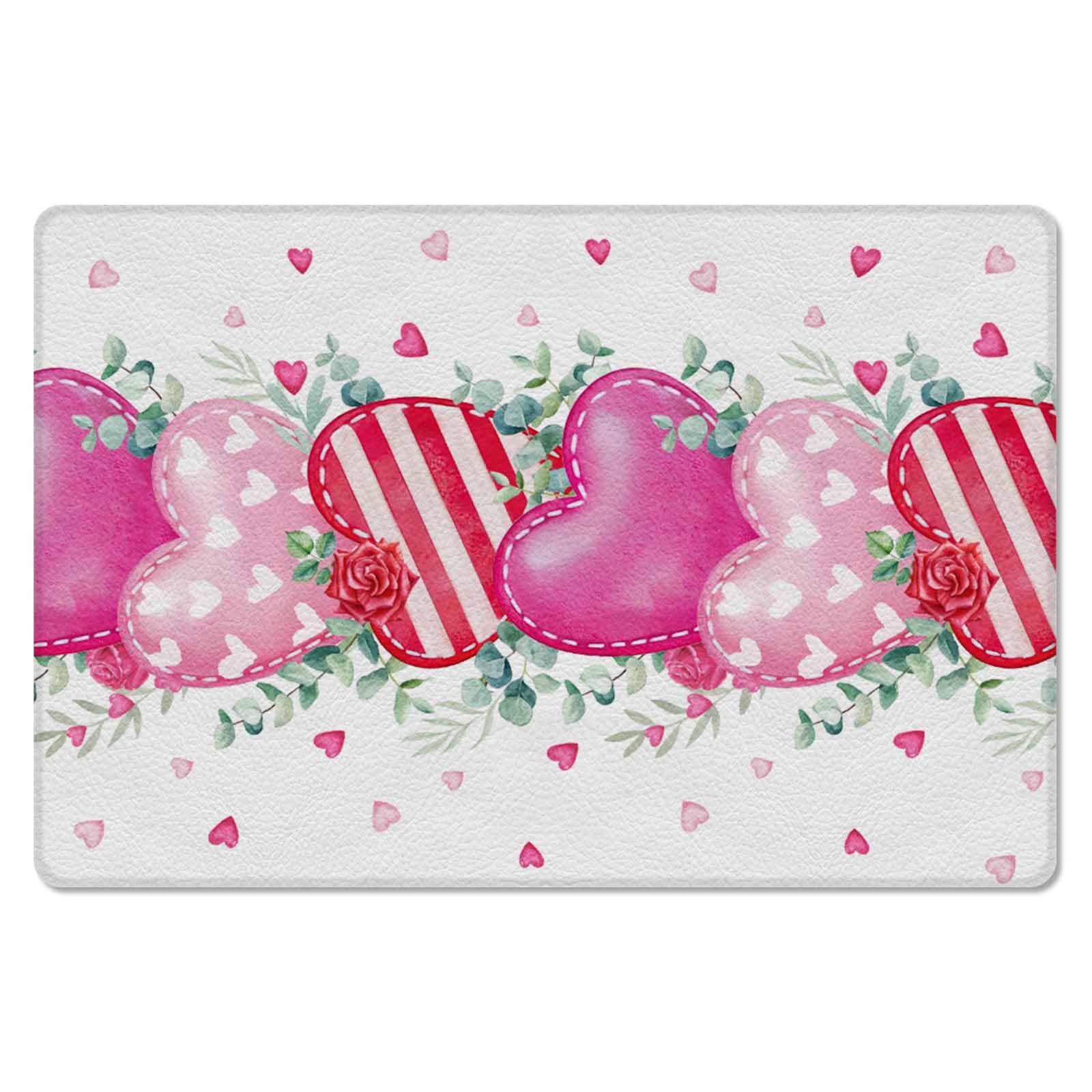 Pink Valentines Love Kitchen Bath Door Mat Cushioned Runner Rug,Washable Welcome Floor Sink Antifatigue Mat,Waterproof & Non-Slip Comfort Standing Doormat,Valentine Eucalyptus Rose Flower 18