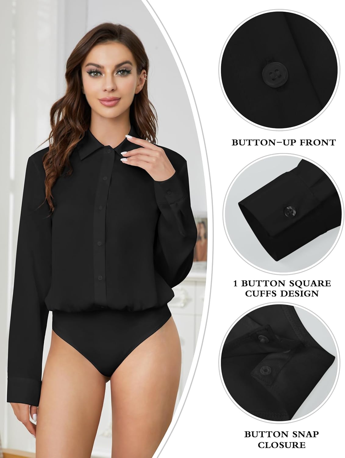 TQD Women Button Down Bodysuit Long Sleeve Collared Shirt Satin Blouse Bodysuits Tops Business Casual Office Professional - Image 4