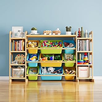 SpaceAid Large Toy Storage Organizer 9 Shelves 9 Bins, Toy Organizers Storage Bookshelf, Kids Bin Shelf Toys Box Bookcase for Bedroom Playroom Organization Room Decor, Multi-Colored
