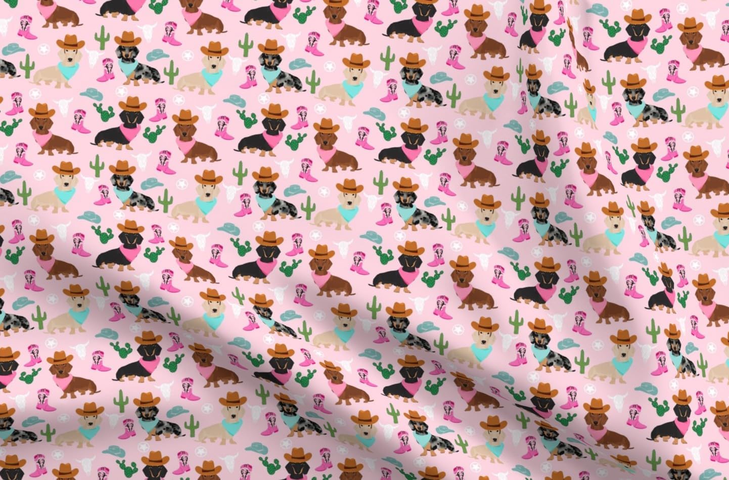 Spoonflower Fabric - Western Dogs Cowboy Dachshund Cowgirl Southwest Cute Pet Pink Cactus Printed on Petal Cotton Fabric Fat Quarter - Sewing Quilting Apparel Crafts Decor