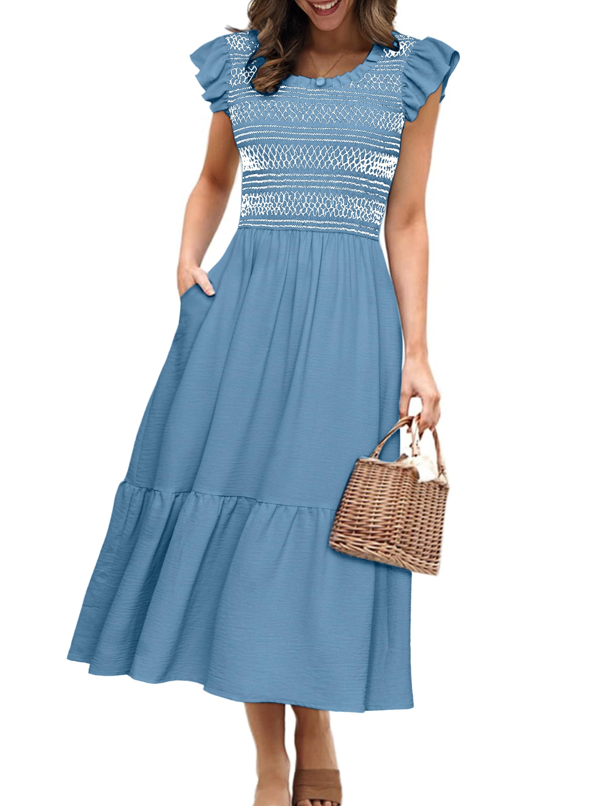 Simplee Womens Summer Midi Dress Casual Boho Smocked Waist Flutter Sleeve A Line Flowy Tiered Dress with Pockets