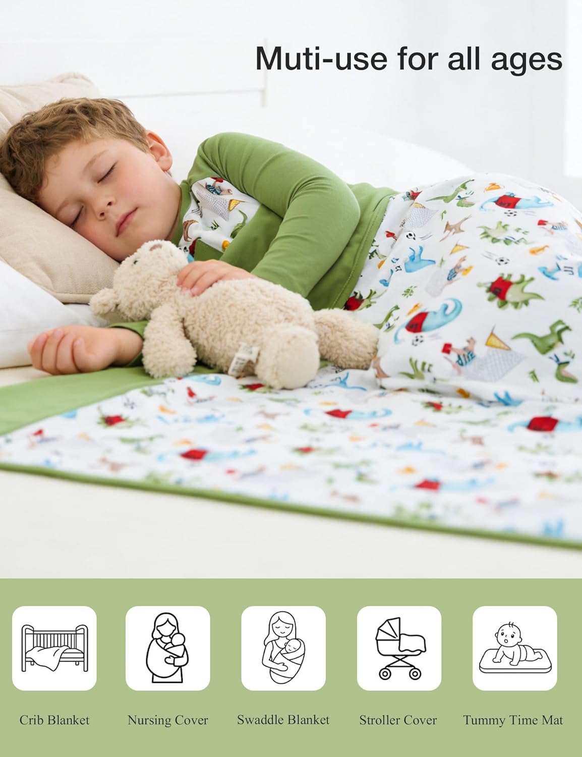 Premium Baby Blankets for Girls Boys, Soft Viscose from Bamboo, Breathable & Hypoallergenic Crib Blanket Newborn Toddler Quilt for Bedding, Stroller, Nursery 47"x 47", Dinosaur Sportsman