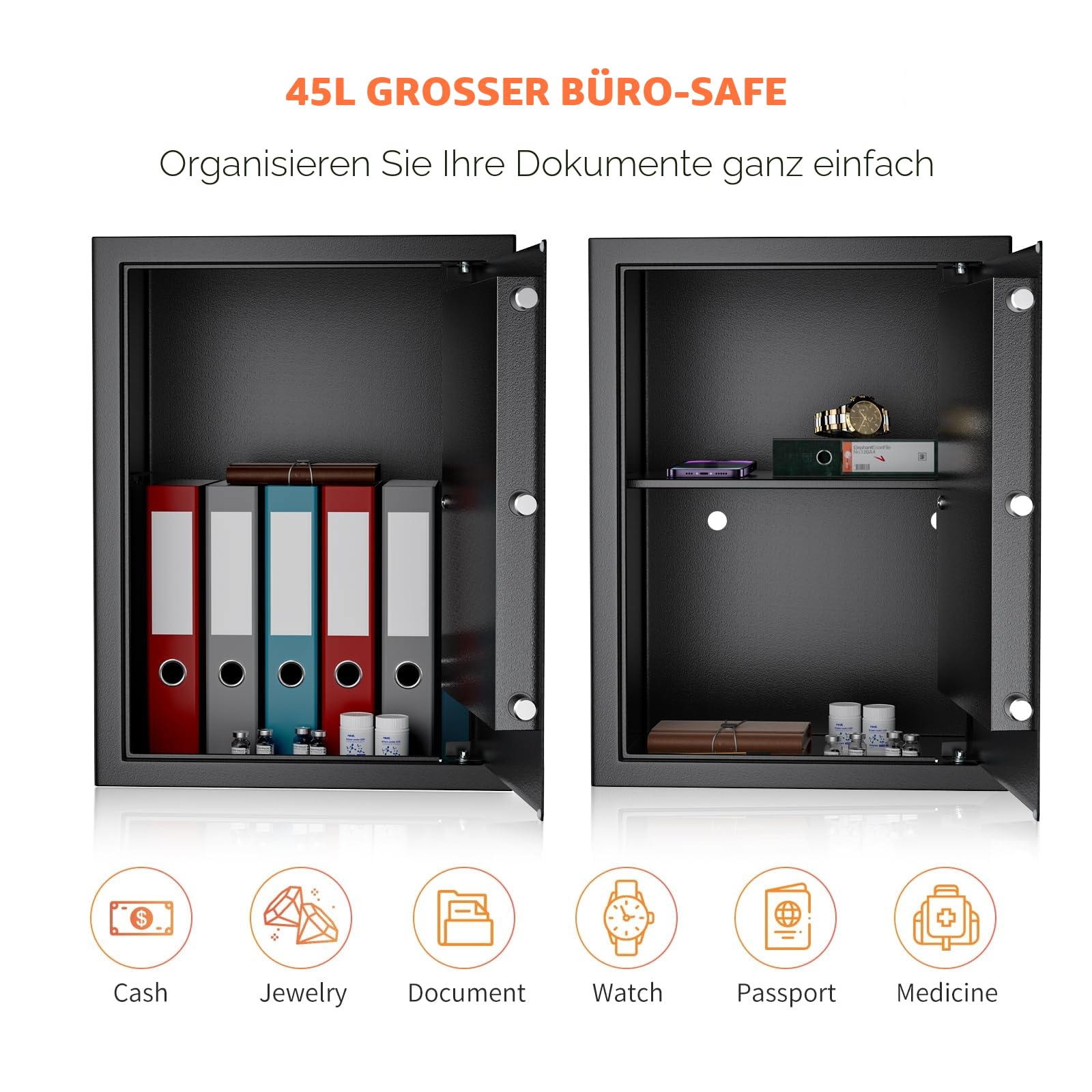 Safe Tresor mit Schlüssel, WASJOYE Möbeltresor mit Schlüssel-Schloss für Zuhause/Büro, 49L Groß Wandtresor mit 2 Schlüssels für Geld Schmuck Medikamente und Dokumentieren, (45 * 35 * 31cm)