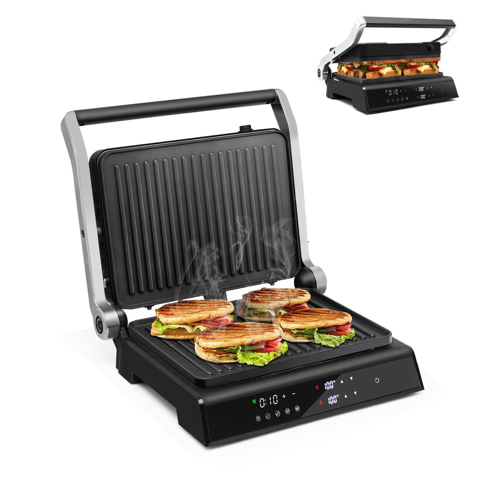 SOARS Sandwichmaker 3-in-1, 1800 – 2000 W, elektrische Panini-Maschine mit 5 Kochmodi, 200 – 230 °C, Öffnungswinkel 180 °, Grillplatte, abnehmbar und waschbar, Timer 0 – 4 Stunden, Schwarz