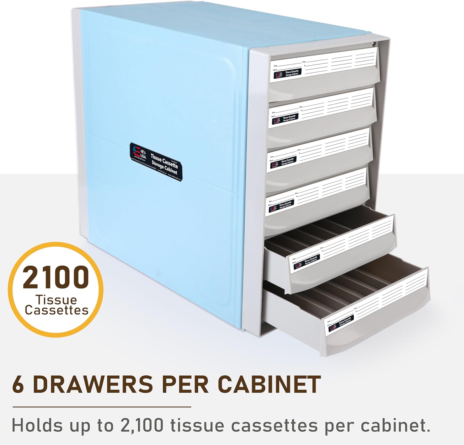 4E's USA Tissue Cassette Storage - Histology Cassette Cabinet with Six Impact Resistant Drawers, Stackable Histology Block Storage, Holds up to 2100 Tissue Cassettes Per Cabinet