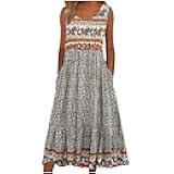 Sleeveless Maxi Dress for Women Casual Boho Floral Print Long Dress with Pockets Loose Fit A Line Sundress for Beach Travel