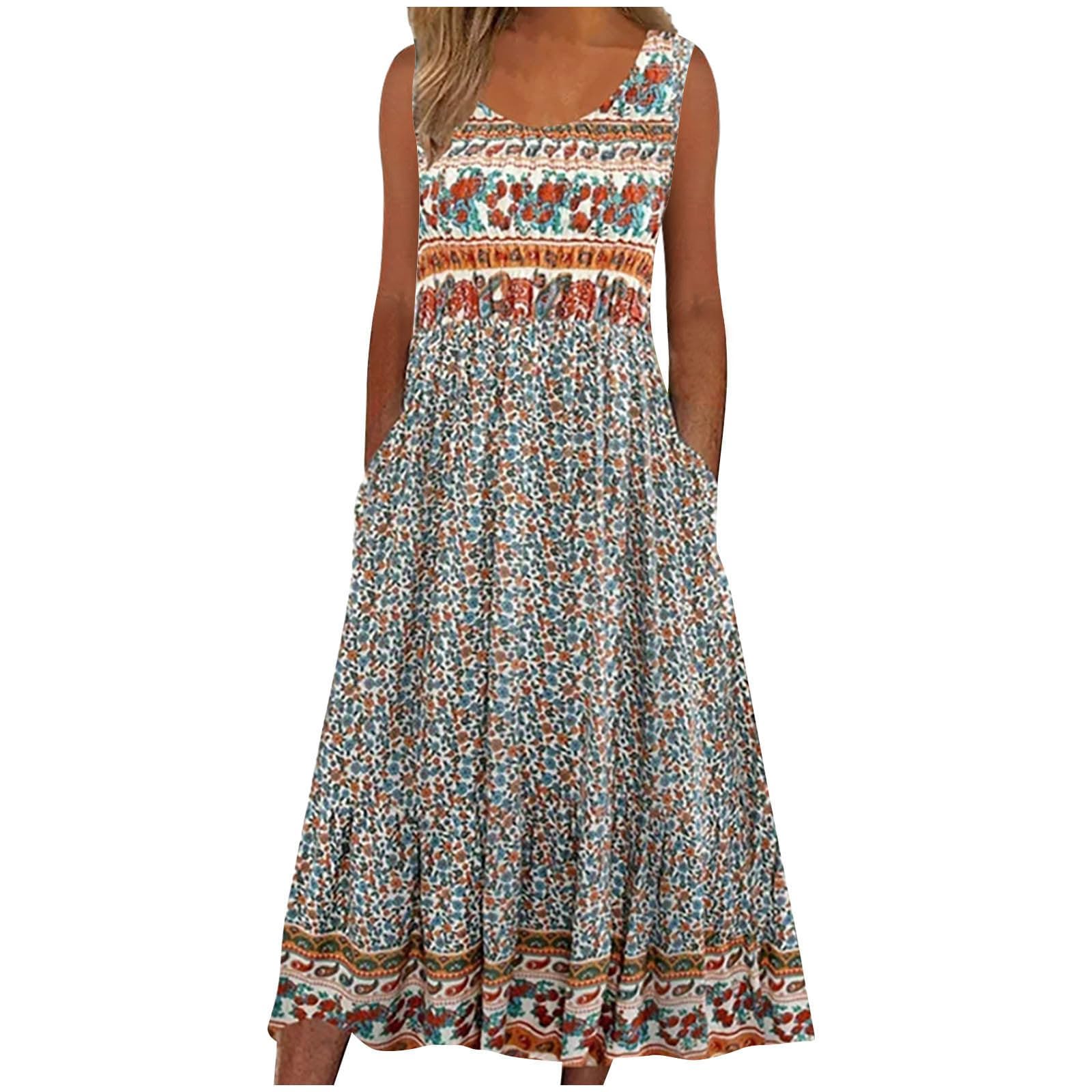Vestido maxi sem mangas para mulheres, casual, boêmio, estampa floral, vestido longo com bolsos, caimento solto, vestido de verão para viagens na praia